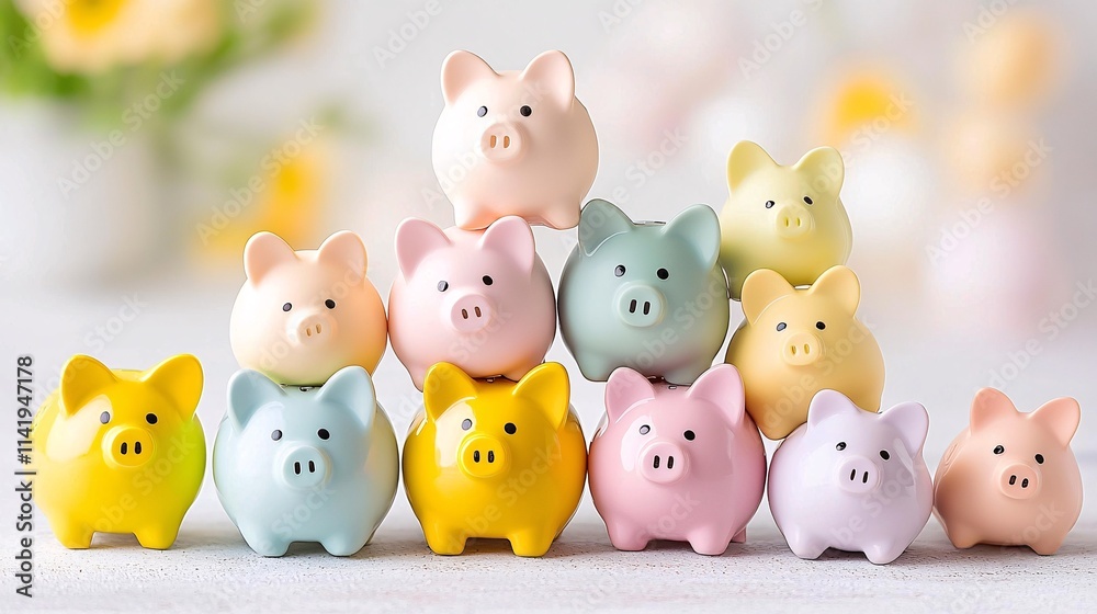 Income family concept. Colorful piggy banks arranged in a pyramid, symbolizing savings and financial growth, set against a soft blurred background. Income family concept. Colorful piggy banks arranged in a pyramid, symbolizing savings and financial growth, set against a soft blurred background.
