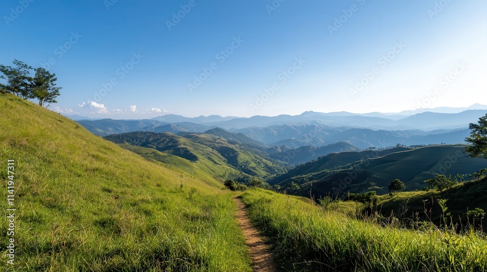 Naklejka premium Golden rolling hills with a clear blue sky, capturing the beauty of a rural landscape