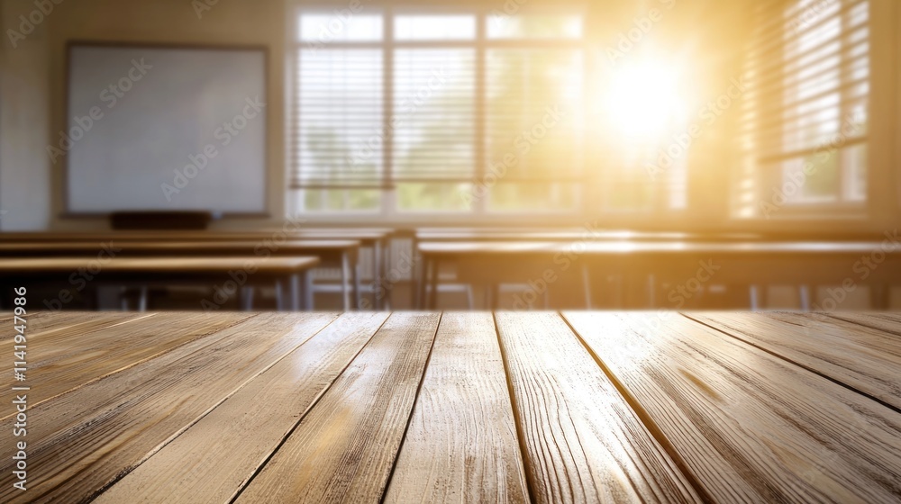 Empty classroom with wood desk foreground, bright sunlight. Empty classroom with wood desk foreground, bright sunlight.