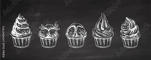 Hand-drawn ice cream cup collection in vintage style with soft serve