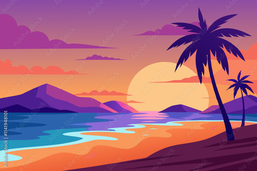 Serene Beach Sunset Scene with Swaying Palms and Reflected Ocean Waves Serene Beach Sunset Scene with Swaying Palms and Reflected Ocean Waves