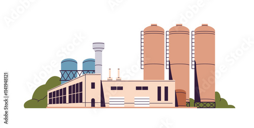 Sugar plant, chemical factory with cisterns, tanks, tubes. Production frame with storage bunkers. Manufacturing buildings of heavy, food industry. Flat isolated vector illustration on white background