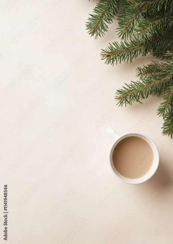 Cozy Winter Morning Coffee Cup with Evergreen Branches on Minimalist Background Cozy Winter Morning Coffee Cup with Evergreen Branches on Minimalist Background