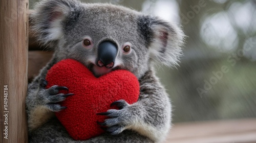 Adorable Koala Holding a Red Heart Shaped Plush Toy photo