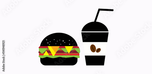 A black burger with lettuce, cheese, tomato, and a black drink cup with a straw and coffee beans on it, showcasing a minimalist design and contrasting colors.