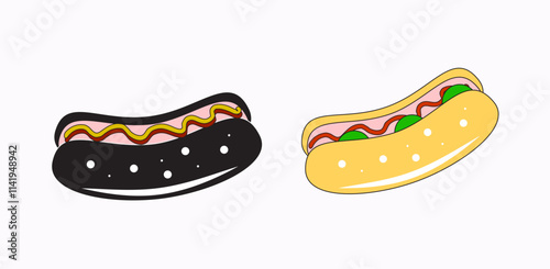 Two hot dogs, one with a black bun topped with mustard and ketchup, and the other with a yellow bun topped with lettuce, tomato, and mayonnaise.
