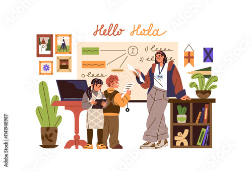 Students answers near blackboard in English class. Teacher explains, teaches pupils in classroom. Kids learning foreign languages in school. Flat isolated vector illustration on white background
