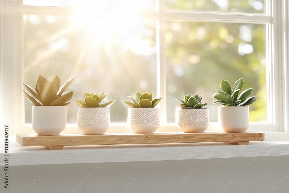 Sunlit succulents in white pots on a wooden tray by a bright window Sunlit succulents in white pots on a wooden tray by a bright window