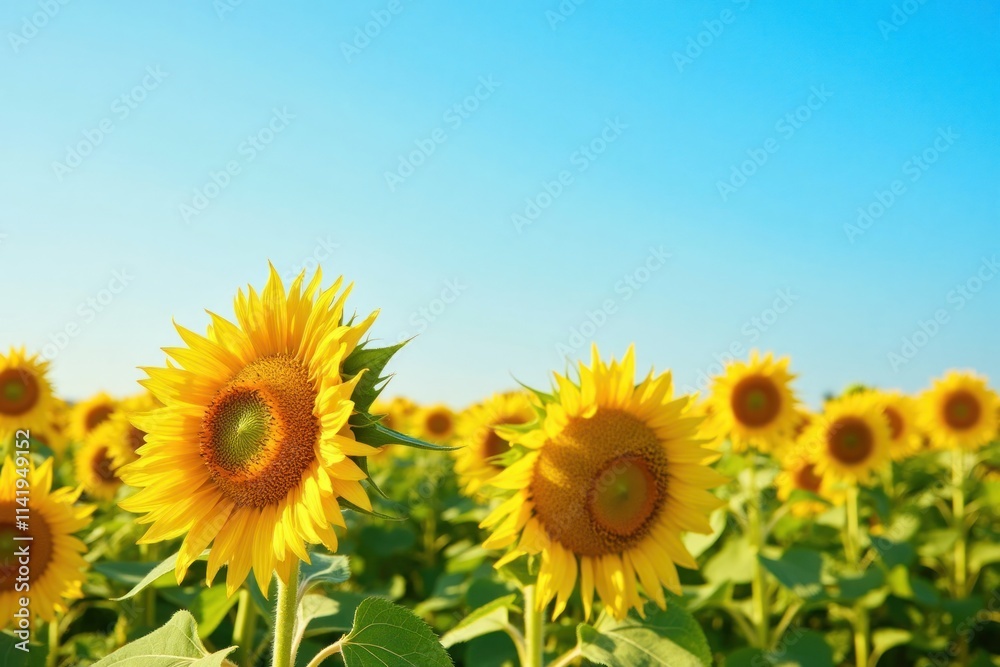 A vibrant sunflower field under a clear blue sky, with the tallest sunflower positioned on the upper-left third against bright, natural lighting
A vibrant sunflower field under a clear blue sky, with the tallest sunflower positioned on the upper-left third against bright, natural lighting