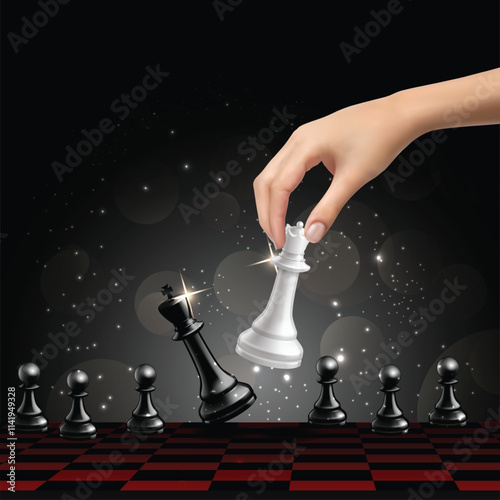Chess board and Checkmate black king success concept vector Background
