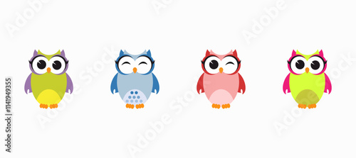 Four colorful cartoon owls stand in a row, each with unique colors: green and purple, blue and white, pink and red, and green and pink. They have large eyes and small beaks, creating a playful and 