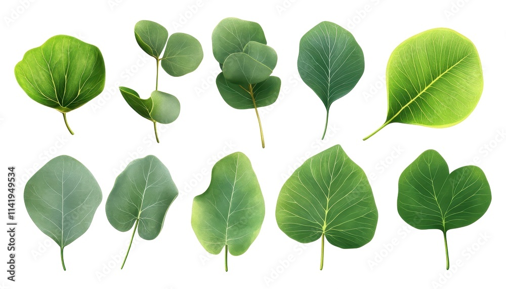 Collection of Green Eucalyptus Leaves, Botanical Illustrations, Isolated on White Background Cutout Collection of Green Eucalyptus Leaves, Botanical Illustrations, Isolated on White Background Cutout