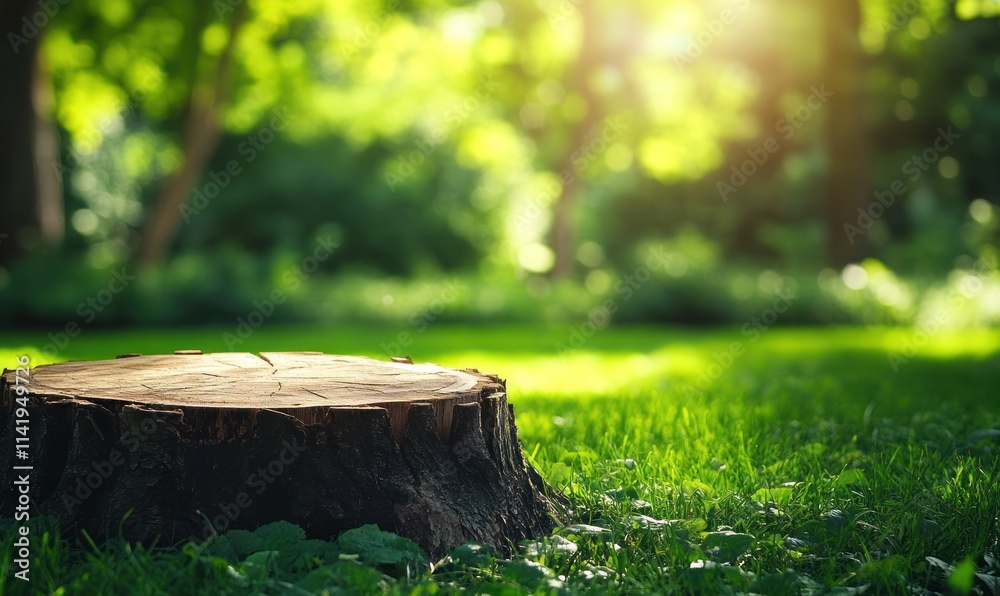 Tree stump in a sunlit, grassy forest setting. Tree stump in a sunlit, grassy forest setting.