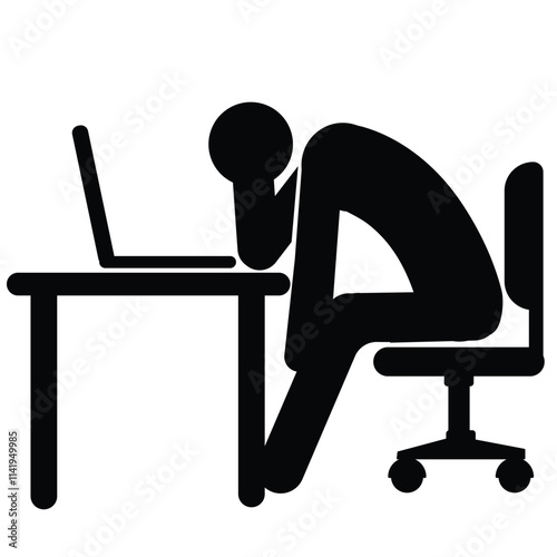 Stressed man vector icon. man using laptop, sitting at desk with head in his hands, making mistake in business project, failing to meet deadline cocept. sign, symbol