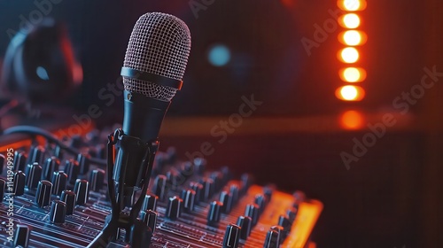 Vintage-style microphone resting on a professional mixing board with glowing orange tones photo