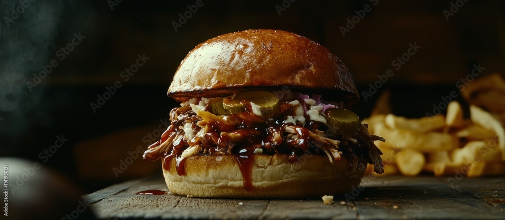 Pulled pork burger with sauce, pickles, and fries on rustic wood. Pulled pork burger with sauce, pickles, and fries on rustic wood.