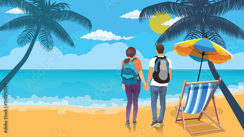 couple of tourist or students with backpack on the beach in Summer holiday vacation concept. Colorful and flat illustration.