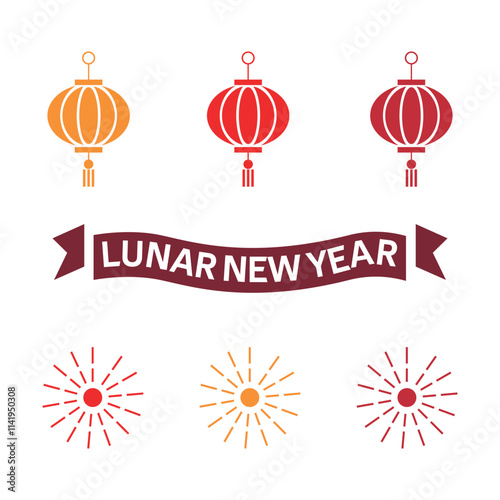 lunar new year lanterns with fireworks on white background