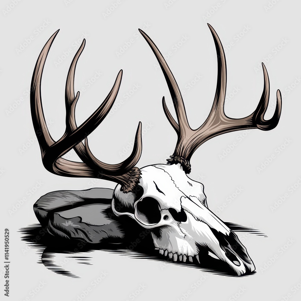 Fototapeta premium Deer Skull with Antlers Resting on Stone