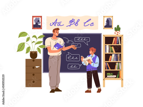 Teacher of English language explains at blackboard in classroom. Student learning literature at school lesson. Man teaches pupil in class. Flat isolated vector illustration on white background