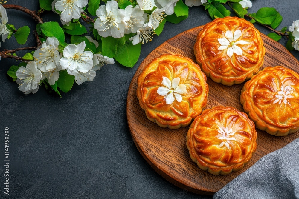 Fototapeta premium Deliciously Crafted Bakery Pastries Decorated with Blooming Flowers Placed on a Rustic Wooden Board Surrounded by Fresh Greenery and Elegant White Blooms