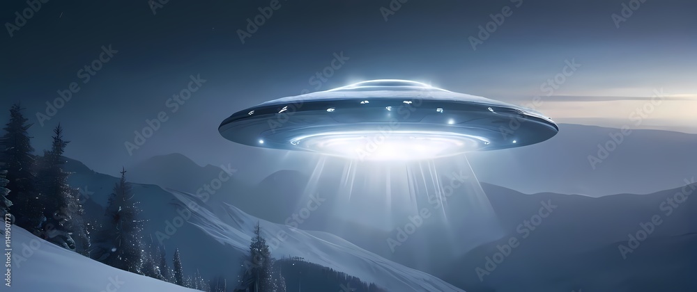 Flying saucer partially obscured by heavy snowfall in a mountainous landscape its bright lights piercing through the white veil Flying saucer partially obscured by heavy snowfall in a mountainous landscape its bright lights piercing through the white veil