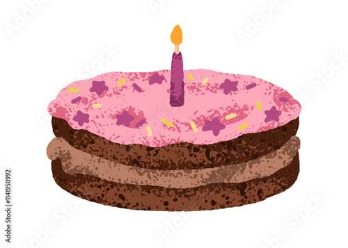 Birthday cake with candle and chocolate sponges. Sweet layered dessert with g...