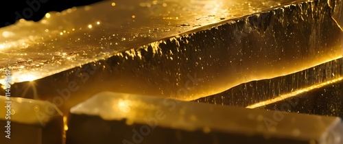 Gold bar edge under extreme magnification showing tiny imperfections and sparkling textures