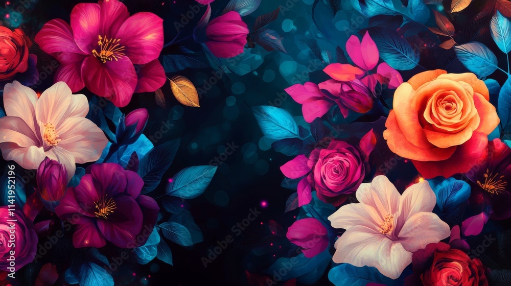 Vivid Colorful Flowers Dark Background Botanical Art Vivid Colorful Flowers Dark Background Botanical Art