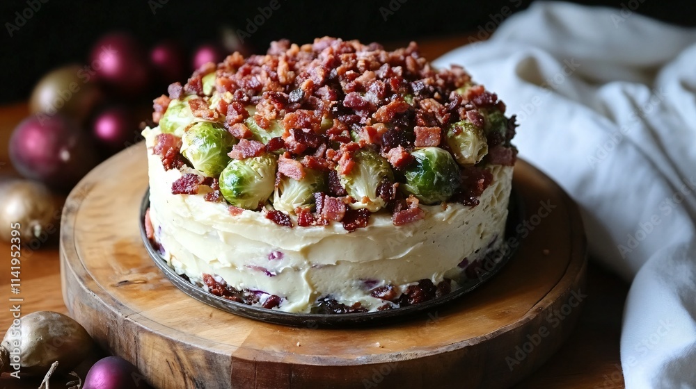 Bacon crumbles sprinkled over rustic roasted Brussels sprouts, served in a cast iron skillet Bacon crumbles sprinkled over rustic roasted Brussels sprouts, served in a cast iron skillet