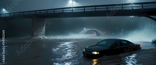 Highenergy shot of a bridge partially submerged by floodwaters with cars stranded and water rushing underneath photo