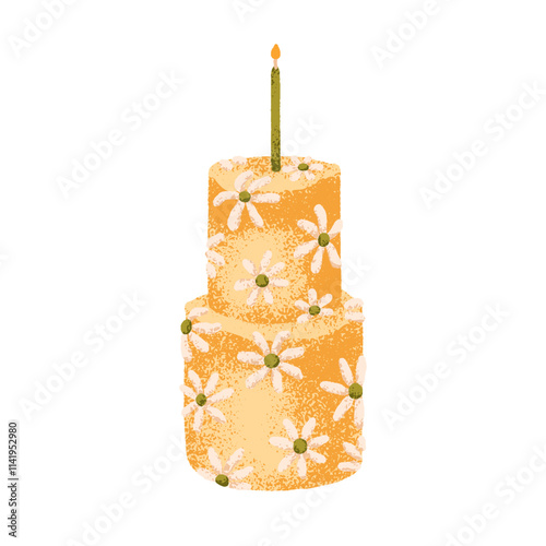 Birthday cake with candle. Tiered festive dessert with cream flowers decoration. Sweet confectionery, pastry treat for bday party celebration. Flat vector illustration isolated on white background