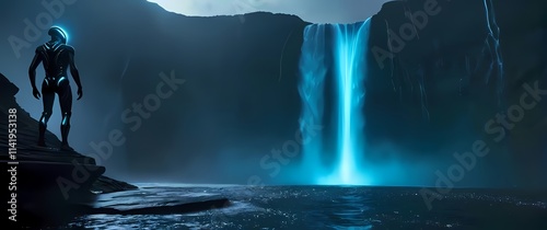 Humanoid alien standing atop a futuristic dam overlooking a massive waterfall of glowing liquid cascading into a glowing abyss photo