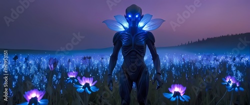 Humanoid alien standing in a field of glowing alien flowers their light casting soft purples and blues on the figures elongated form photo