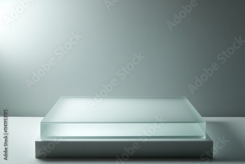 Frosted glass platform on white stand against gray background.