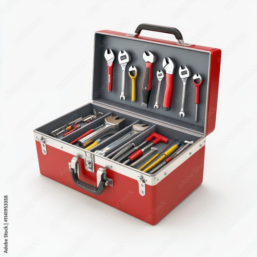 Red toolbox open with various tools. Red toolbox open with various tools.