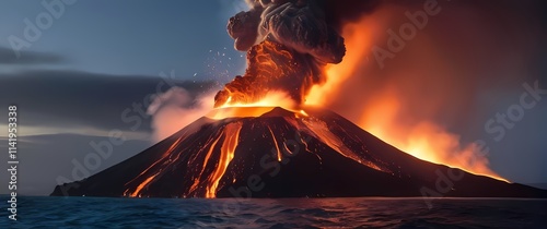 Image of a volcano erupting into the ocean with steam billowing as molten rock meets water under a bright sky