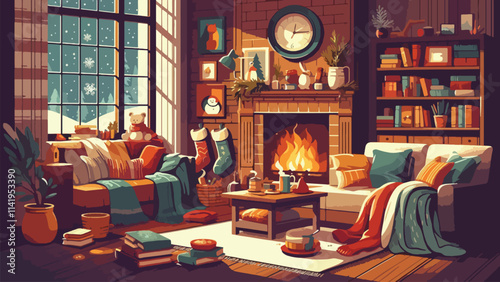 Cozy Winter Moments Warm interiors with blankets, hot drinks, books, and fireplaces