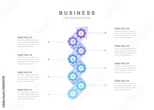 Timeline infographic template, business information with 8 options and icons for workflow, presentation and data visualization. web design vector.