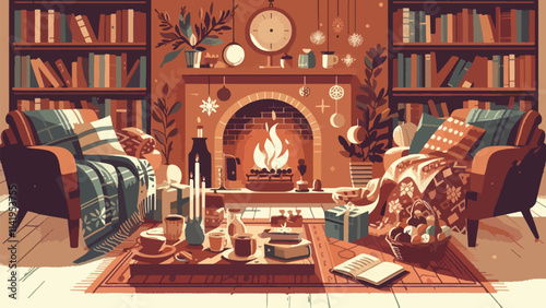 Cozy Winter Moments Warm interiors with blankets, hot drinks, books, and fireplaces