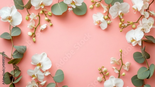 Wallpaper Mural White orchids and eucalyptus leaves frame pink background Torontodigital.ca