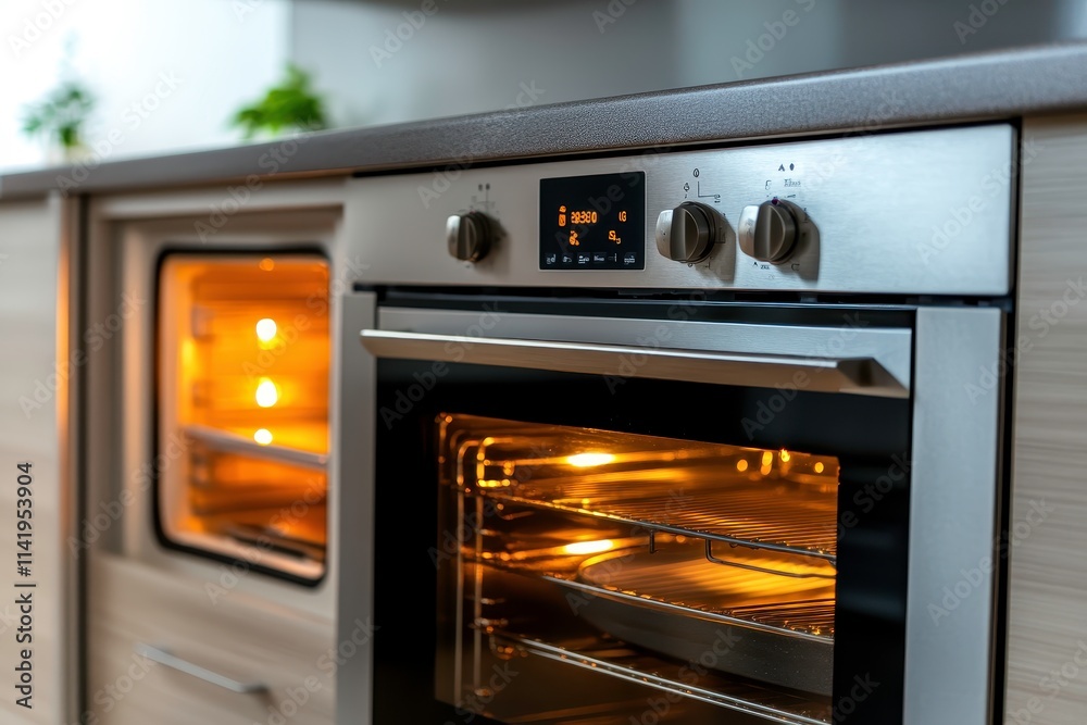 Modern Kitchen Design Featuring Stylish Double Oven with Interior Lights and Sleek Stainless Steel Finish, Showcasing Contemporary Culinary Technology and Warm Ambiance Modern Kitchen Design Featuring Stylish Double Oven with Interior Lights and Sleek Stainless Steel Finish, Showcasing Contemporary Culinary Technology and Warm Ambiance