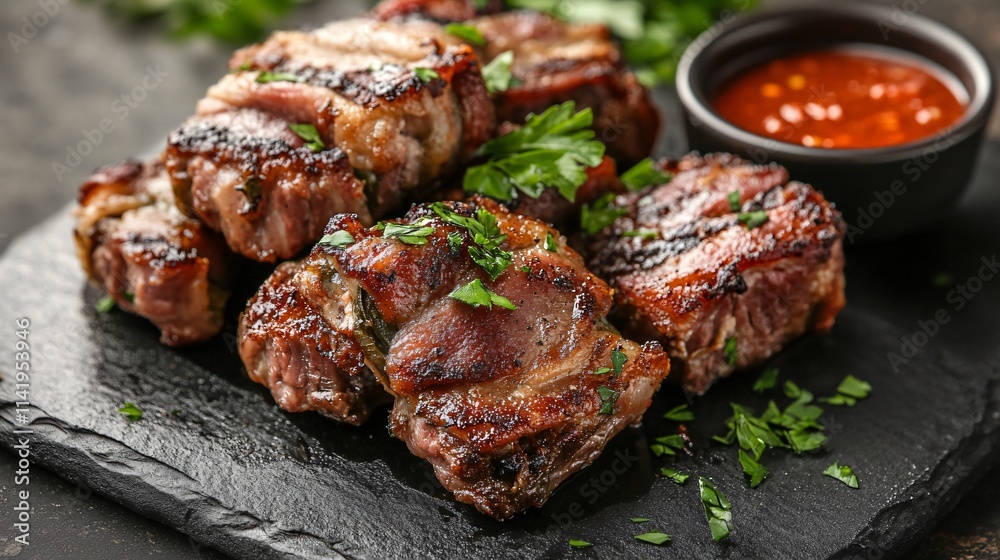 Bacon-wrapped jalapeno poppers on a rustic baking tray, garnished with parsley and spicy dipping sauce Bacon-wrapped jalapeno poppers on a rustic baking tray, garnished with parsley and spicy dipping sauce