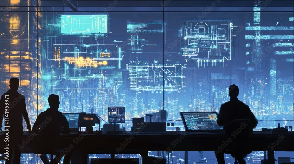 Silhouetted team monitors digital data over night cityscape. Silhouetted team monitors digital data over night cityscape.