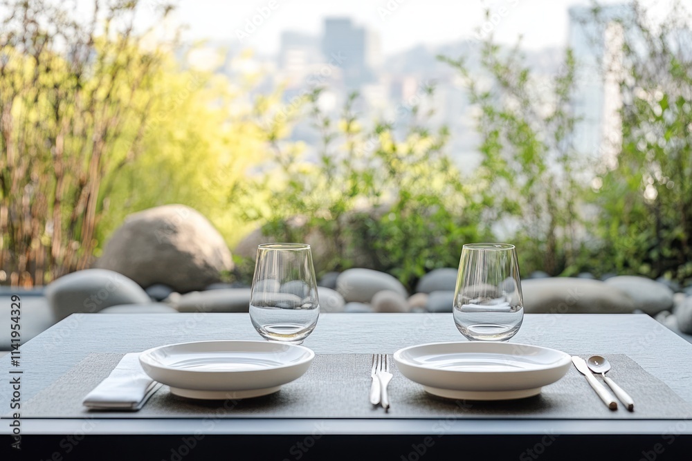 Outdoor dining with set table, blurred city backdrop. Outdoor dining with set table, blurred city backdrop.