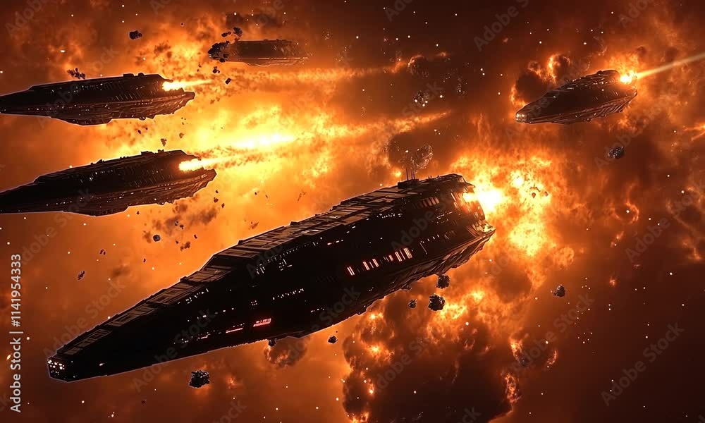 dreadnaughts ships, firing missiles, there are flying ships in combat shooting other ships, exploding ships in the background, a chaotic scene, a lot happening as if there is too much to process