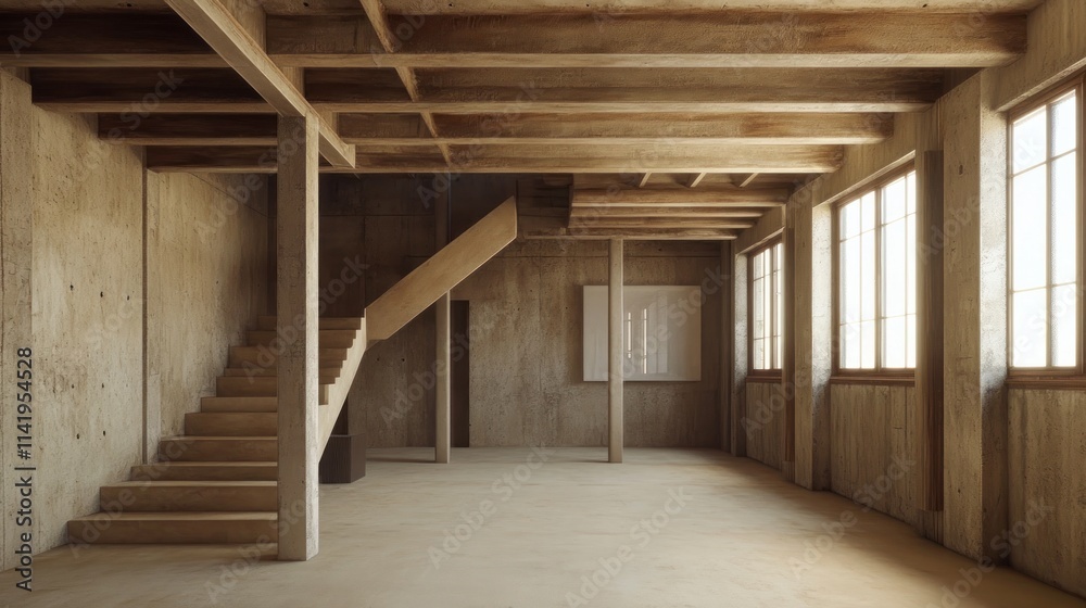 Empty room with wood beams, stairs, and windows. Empty room with wood beams, stairs, and windows.