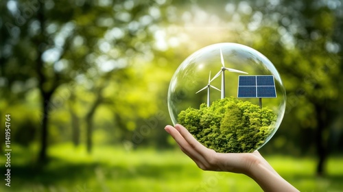 A hand holds green energy symbols wind turbines and solar panels encased in bubble the blurred background, highlights renewable energy, clean energy, and sustainable transportation concepts
