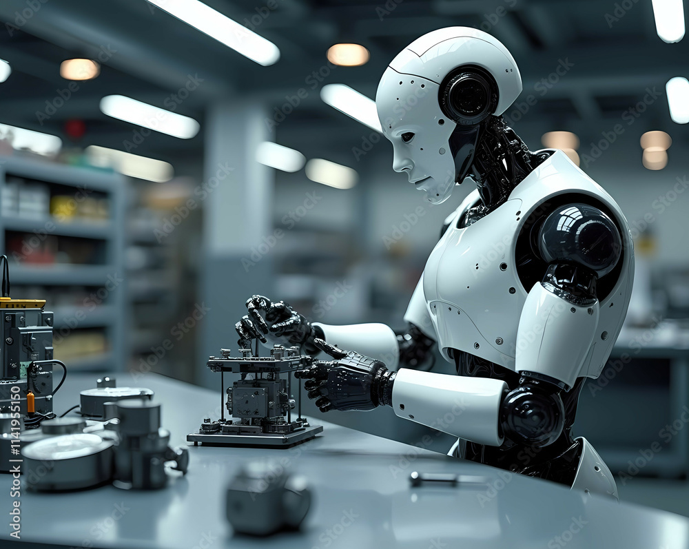 A humanoid robot assembling a mechanical device on a clean, high-tech workbench. Generative AI A humanoid robot assembling a mechanical device on a clean, high-tech workbench. Generative AI