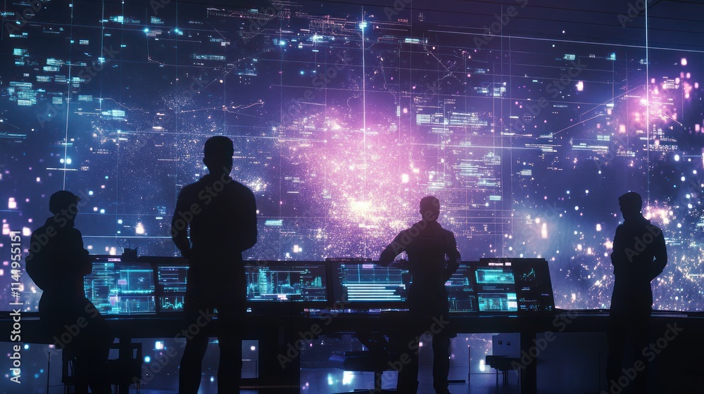 Four silhouettes observe digital network on large screen. Four silhouettes observe digital network on large screen.
